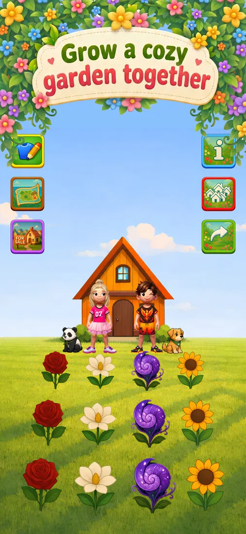 Our Flower Garden on iPhone: two players stand outside a small cottage above rows of red, white, purple and yellow flowers, under the caption “Grow a cozy garden together”.
