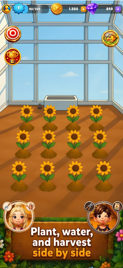 A greenhouse planted with rows of sunflowers, with both players’ avatars below and the caption “Plant, water, and harvest side by side”.