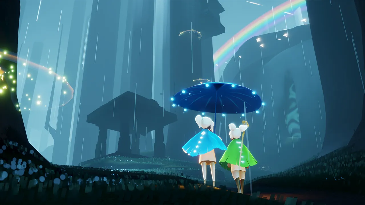Two Sky players in blue and green capes sharing a glowing umbrella in the rain, looking toward a rainbow in a misty forest.